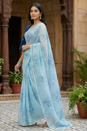 sky blue color organza smart printed saree with embroidered blouse