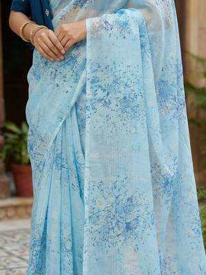 sky blue color organza smart printed saree with embroidered blouse 3