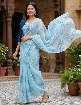 sky blue color organza smart printed saree with embroidered blouse 4