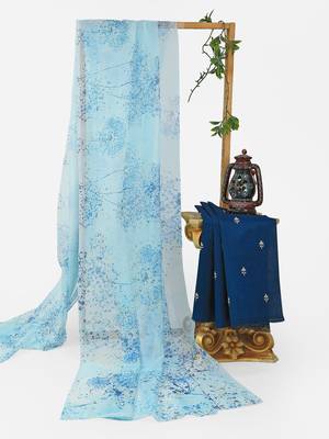 sky blue color organza smart printed saree with embroidered blouse 5