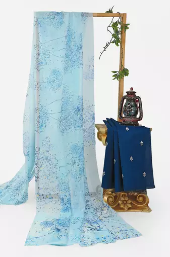sky blue color organza smart printed saree with embroidered blouse