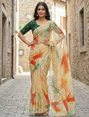 yellow color organza smart printed saree with embroidered blouse 1