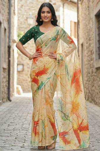 yellow color organza smart printed saree with embroidered blouse