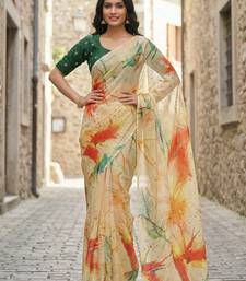 yellow color organza smart printed saree with embroidered blouse