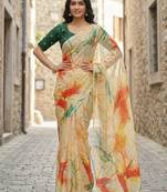 yellow color organza smart printed saree with embroidered blouse