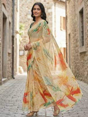 yellow color organza smart printed saree with embroidered blouse 2
