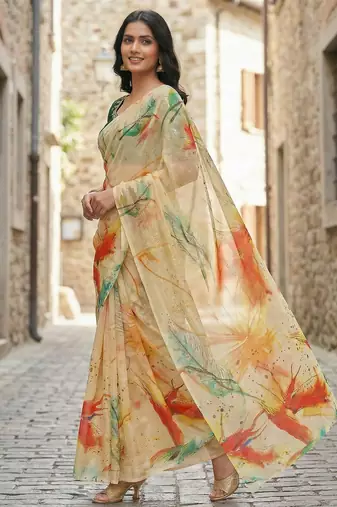 yellow color organza smart printed saree with embroidered blouse