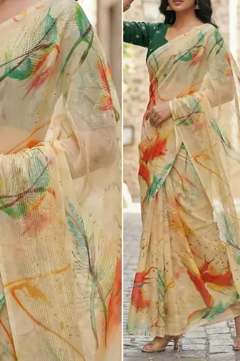 yellow color organza smart printed saree with embroidered blouse