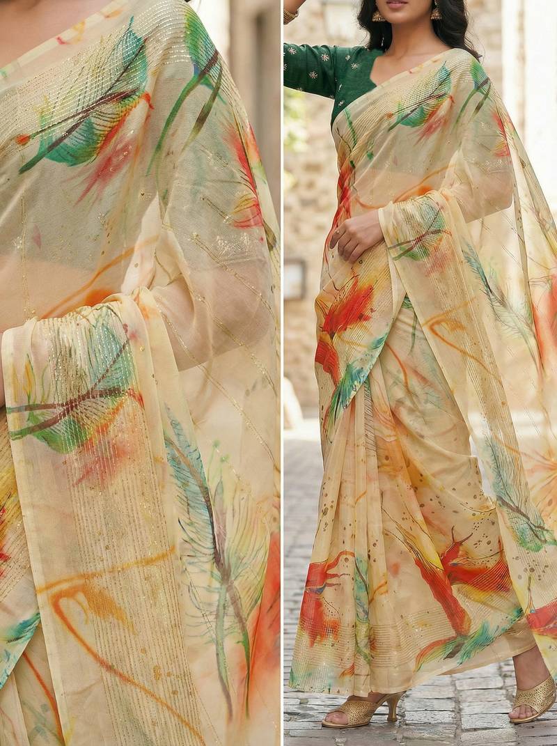 yellow color organza smart printed saree with embroidered blouse