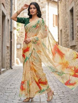 yellow color organza smart printed saree with embroidered blouse 4