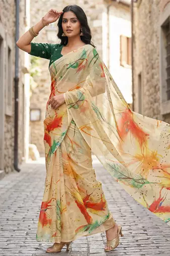 yellow color organza smart printed saree with embroidered blouse