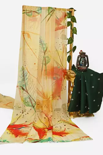 yellow color organza smart printed saree with embroidered blouse