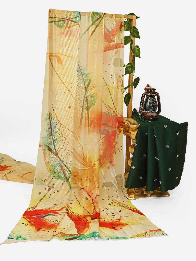 yellow color organza smart printed saree with embroidered blouse
