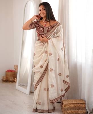 white color fancy silk blend embroidered bollywood style partywear saree 1
