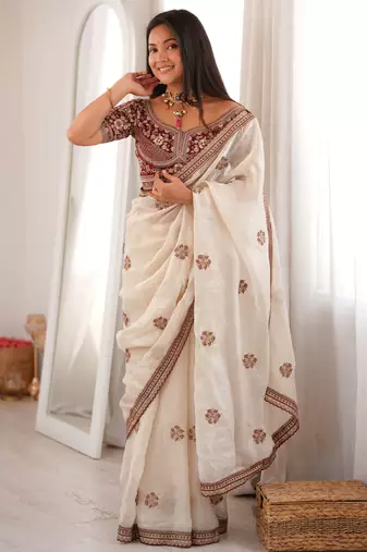 white color fancy silk blend embroidered bollywood style partywear saree