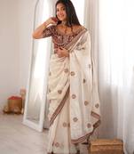 white color fancy silk blend embroidered bollywood style partywear saree