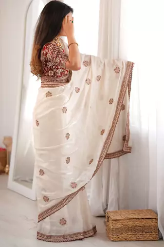 white color fancy silk blend embroidered bollywood style partywear saree