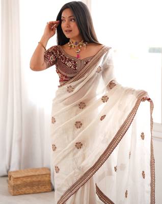 white color fancy silk blend embroidered bollywood style partywear saree 3