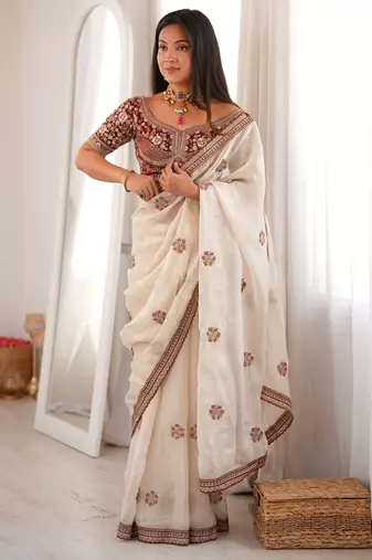 white color fancy silk blend embroidered bollywood style partywear saree