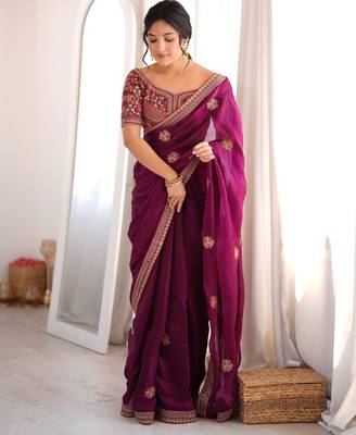 purple color fancy silk blend embroidered bollywood style partywear saree 1