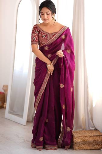 purple color fancy silk blend embroidered bollywood style partywear saree