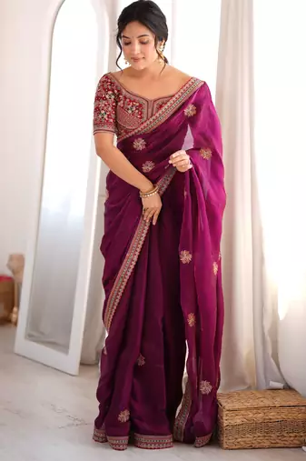 purple color fancy silk blend embroidered bollywood style partywear saree