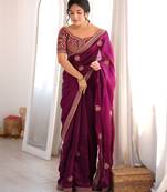 purple color fancy silk blend embroidered bollywood style partywear saree
