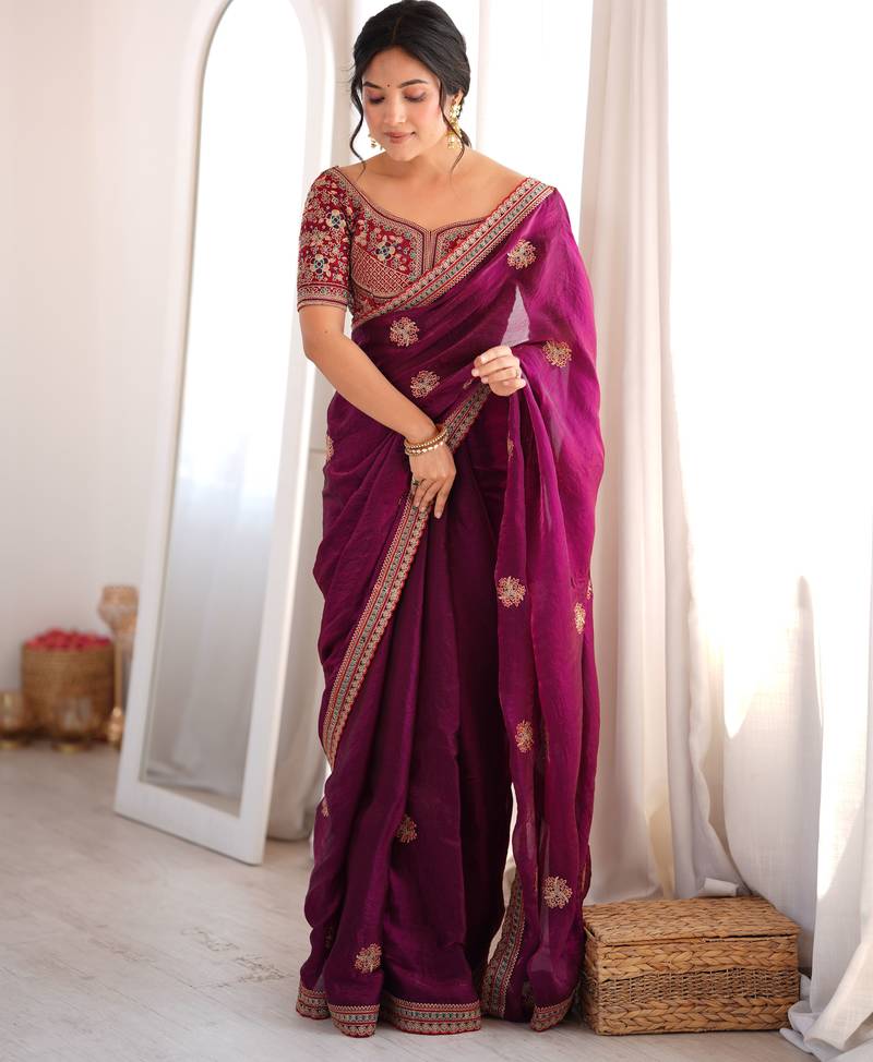 purple color fancy silk blend embroidered bollywood style partywear saree