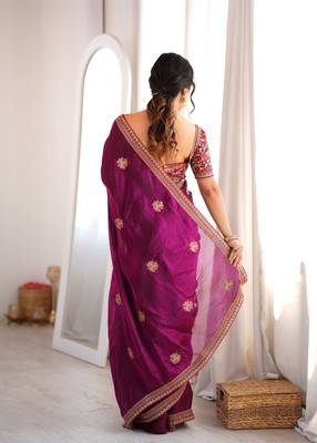 purple color fancy silk blend embroidered bollywood style partywear saree 2