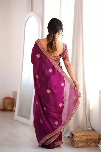 purple color fancy silk blend embroidered bollywood style partywear saree