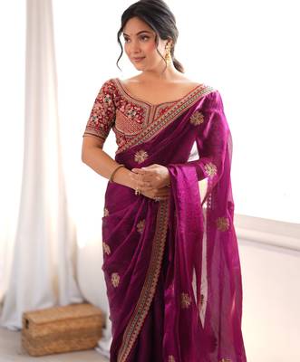 purple color fancy silk blend embroidered bollywood style partywear saree 3