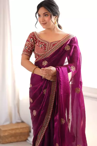 purple color fancy silk blend embroidered bollywood style partywear saree