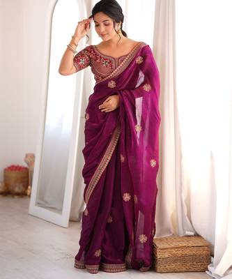 purple color fancy silk blend embroidered bollywood style partywear saree 4