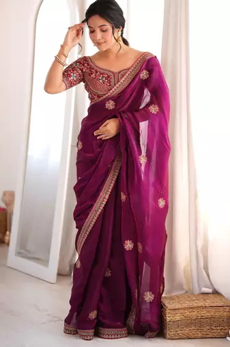 purple color fancy silk blend embroidered bollywood style partywear saree