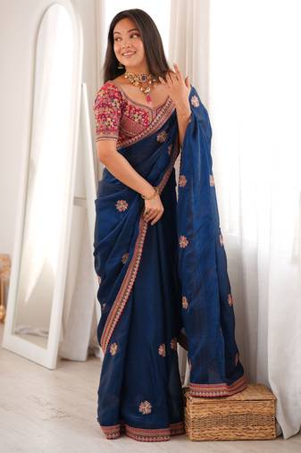 blue color fancy silk blend embroidered bollywood style partywear saree