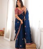 blue color fancy silk blend embroidered bollywood style partywear saree
