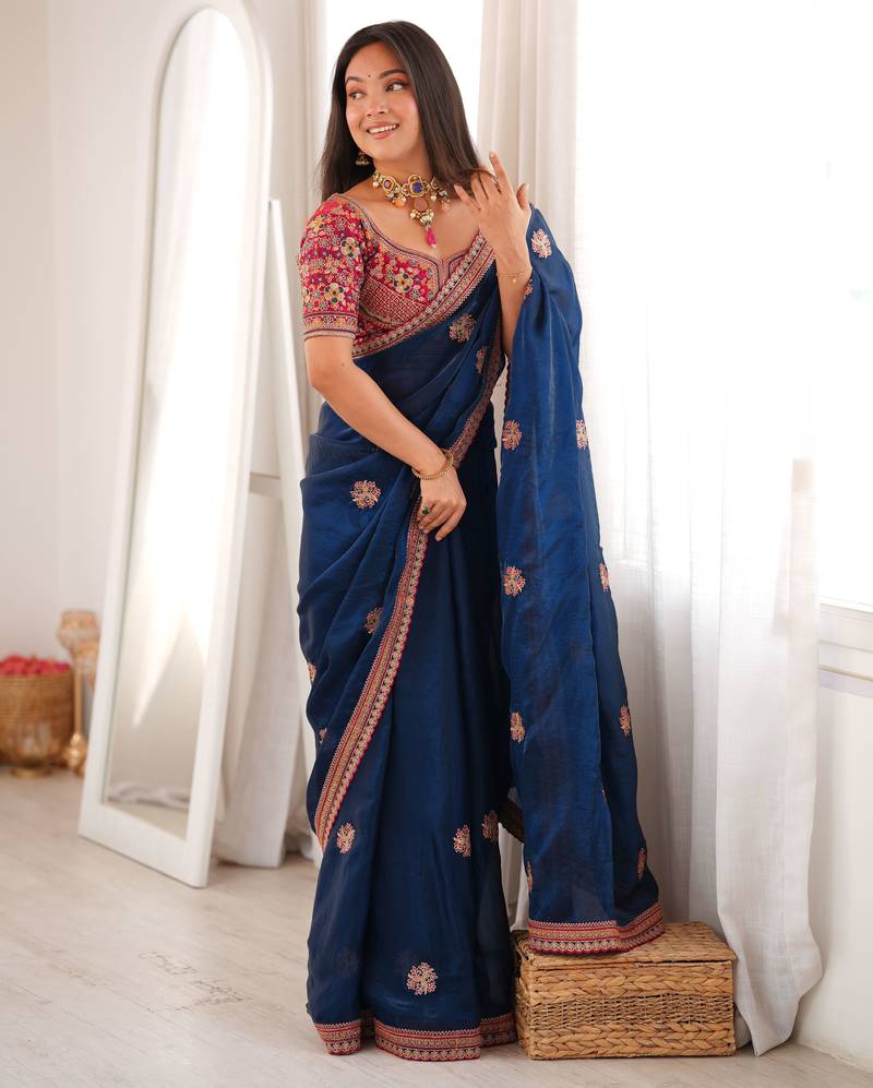 blue color fancy silk blend embroidered bollywood style partywear saree