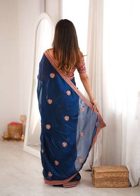 blue color fancy silk blend embroidered bollywood style partywear saree 2