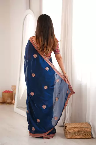 blue color fancy silk blend embroidered bollywood style partywear saree