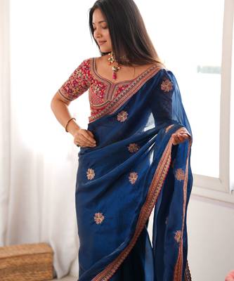 blue color fancy silk blend embroidered bollywood style partywear saree 3