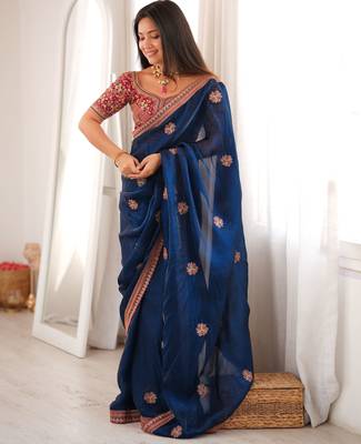 blue color fancy silk blend embroidered bollywood style partywear saree 4