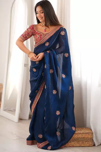 blue color fancy silk blend embroidered bollywood style partywear saree