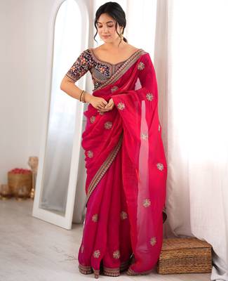 pink color fancy silk blend embroidered bollywood style partywear saree 1