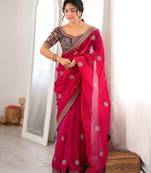 pink color fancy silk blend embroidered bollywood style partywear saree