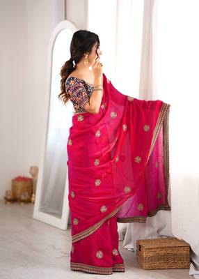 pink color fancy silk blend embroidered bollywood style partywear saree 2