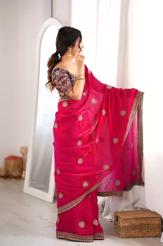 pink color fancy silk blend embroidered bollywood style partywear saree