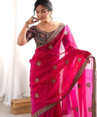 pink color fancy silk blend embroidered bollywood style partywear saree 3
