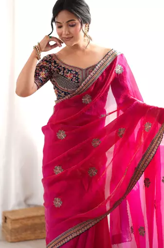 pink color fancy silk blend embroidered bollywood style partywear saree