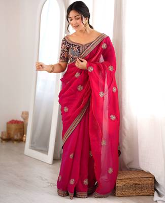 pink color fancy silk blend embroidered bollywood style partywear saree 4