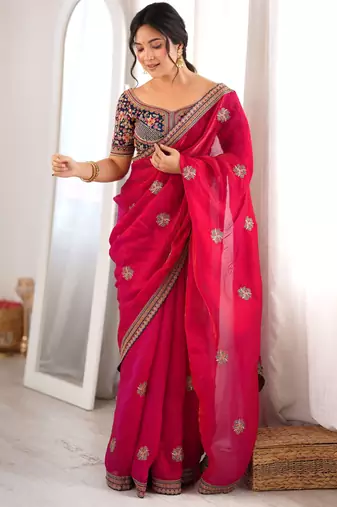 pink color fancy silk blend embroidered bollywood style partywear saree
